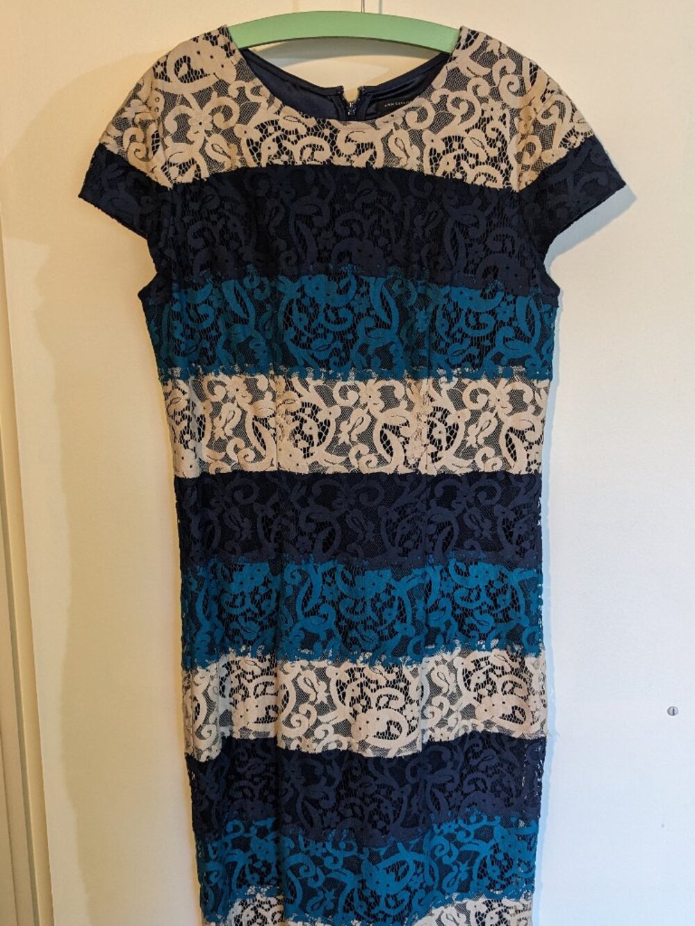 Ann Taylor Dress: Navy Blue-Teal-Cream Lace Striped Midi Dress